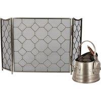 Dibor Vintage Style Pewter Footed Fire Screen Guard H63cm x W106cm with Coal & Log Storage Bucket & Shovel in Silver