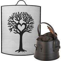 Dibor Traditional Tree Fire Screen Fireguard H67cm x W53cm with Black Coal Bucket with Shovel