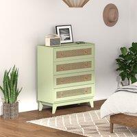 HOMCOM Chest of Drawers, 4 Drawer Unit Storage Organiser with Rattan Element in Light Green