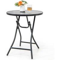Costway Folding Round Patio Bistro Table Tempered Glass Tabletop Outdoor Cocktail Table in Black