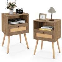 Costway 2 Pcs Rattan Nightstand Set Boho End Table Compact Bedside Table in Natural