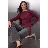 WOVCOR Women's Striped Boat Neck Long Sleeve Knit Blouse with Tie Detail in Burgundy | Size: XS