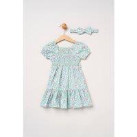 Miss Girl's Floral Embroidered Smocked Dress with Headband in Blue | Size: 12-18 m