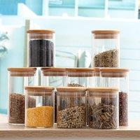 Living and Home 10pcs Glass Storage Jar Set with Bamboo Lids & Measuring Spoon in Beige