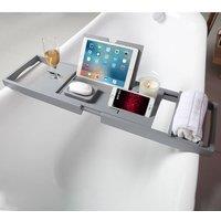 Living and Home Rustic Expandable Bamboo Wooden Bathtub Caddy Tray in Grey