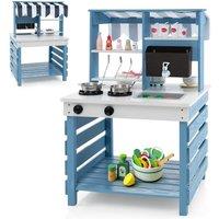 Costway Kids Fir Wood Mud Kitchen Playset Double-Sided Pretend Play Kitchen in Blue