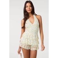 Pink Vanilla Women's Lemon Lemon Printed Lace Halter Neck Mini Dress With Shorts | Size: Large