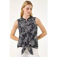 Roman Women's Floral Puff Print Tie Blouse in Black | Size: 18