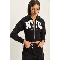 Bianco Lucci Women's Hooded Printed Slim Fit Crop Cardigan in Black | Size: Medium