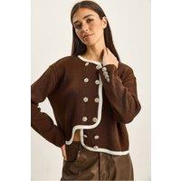 Bianco Lucci Women's Ribbed Knit Button-Up Cardigan in Dark Brown