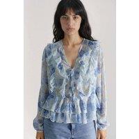Hiccup Women's Frilly V-Neck Patterned Blouse in Light Blue | Size: Large