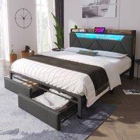 BTM LED Linen Bed with USB-C Charging & Storage Headboard in Grey | Size: Double