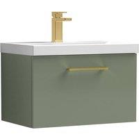 Balterley 600mm Wall Hung 1 Drawer Vanity Basin Unit, Satin Green, Brass Handle in Green
