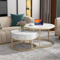 BTM Marble & Gold Nesting Coffee Tables with Storage, Set of 2 in White