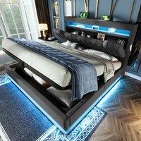 BTM LED Linen Bed with USB-C Charging & Hydraulic Storage in Grey | Size: Double