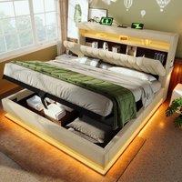 BTM LED Linen Bed with USB-C Charging & Hydraulic Storage in Beige | Size: Double