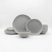 Glim & Glam Reactive Grey Glaze Dinner Set Nordic Pebble Plates Bowls 12pc Set