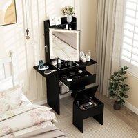 Costway Dressing Table & Stool Set Makeup Table w/LED Lights &Charging Station in Black