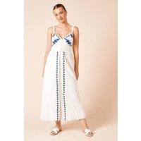 Dorothy Perkins Women's Blue Floral Button Up Embroidered Midi Dress in White | Size: 14