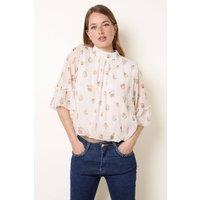 Blue Vanilla Women's White High Neck Frill Sleeve Dobby Floral Print Puffball Blouse | Size: Medium/Large