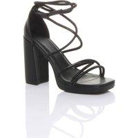 AJVANI Women's High Block Heel Diamante Strappy Heeled Sandals in Black | Size: 5