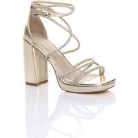 AJVANI Women's High Block Heel Diamante Strappy Heeled Sandals in Gold | Size: 6