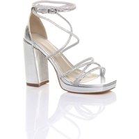 AJVANI Women's High Block Heel Diamante Strappy Heeled Sandals in Silver | Size: 7