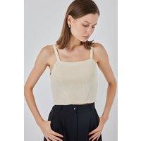 Big Dart Women's Square Collar Ribbed Knit Crop Top in Cream