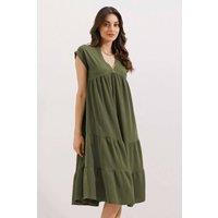 Big Dart Women's Frilly V-Neck Midi Dress in Khaki | Size: Small