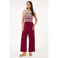 Roman Women's Petite Crochet Detail Linen Blend Jumpsuit in Wine | Size: 14