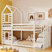 BTM Bunk Bed Kids Cabin Bed Storage Window Wooden Bed Frame in White | Size: Single