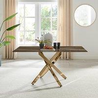 FurnitureboxUK Leonardo 6-Seater Dining Table With Marble Effect Glass Top & Gold Metal Legs in Dark Brown