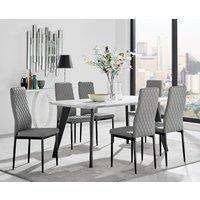 FurnitureboxUK Andria White Marble Effect & Black Leg 6 Seater Dining Table & 6 Milan Faux Leather Chairs in Grey