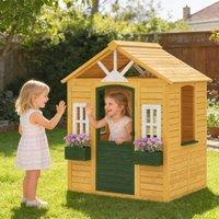 AIYAPLAY Outdoor Playhouse, Wooden Wendy House with Door, 2 Flower Boxes in Yellow