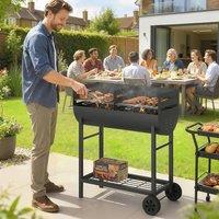 OUTSUNNY Charcoal Barbecue Grill with 2 Cooking Areas, Wheels in Black