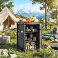 Havendro Folding Camping Kitchen Table with 3-Tier Cupboards in Black