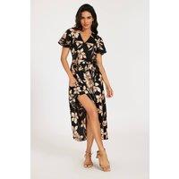 FS Collection Women's Flutter Sleeves Floral Wrap Midi Dress in Black | Size: XL