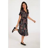 FS Collection Women's Black Floral Shirt Midi Dress with Tie Waist & Short Sleeves | Size: Medium