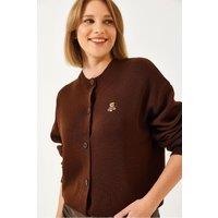 Bianco Lucci Women's Embroidered Button-Up Ribbed Cardigan in Dark Brown