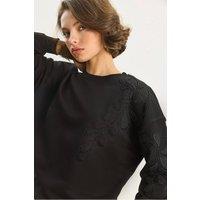Bianco Lucci Women's Embroidered Crew Neck Long Sleeve Sweatshirt in Black | Size: Small