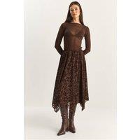 Bianco Lucci Women's High Waist Asymmetric Midi Skirt in Dark Brown | Size: Medium