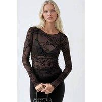 Busem Women's Fitted Long Sleeve Flock Print Tulle Blouse in Chocolate | Size: Small