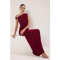 WOVCOR Women's One Shoulder Embellished Maxi Dress in Burgundy | Size: 8