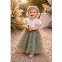 UK Flower Girl Boutique Girl's Bohemian Classic Flutter Dress in Green | Size: 3-4 Years