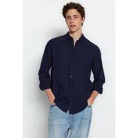 WOVCOR Men's Cotton Linen-Look Long Sleeve Button-Up Shirt in Navy | Size: XL