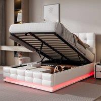 HomeTouch Kelly Double PU Faux Leather Ottoman Storage Bed with LED 4ft6 in White