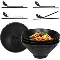 Greentainer Large Japanese Noodle Bowls 4 Set with Chopsticks & Spoons in Black