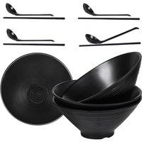 Greentainer Japanese-Style Large Noodle Bowls Set 4-Piece with Spoons & Chopsticks in Black
