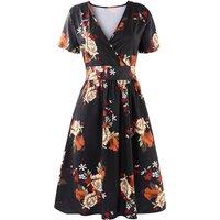 MODISHION Women's Floral Print Midi Dress with Pockets in Black | Size: Medium