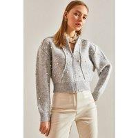 Bianco Lucci Women's Pearl Embellished Zip-Up Crop Cardigan in Grey